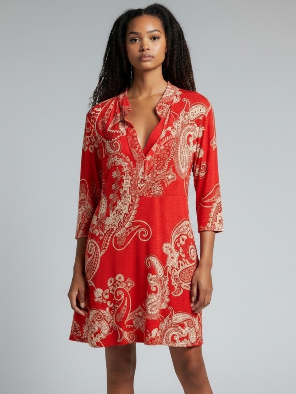 Red Paisley V-Neck Swing Mini Dress 3/4 sleeve